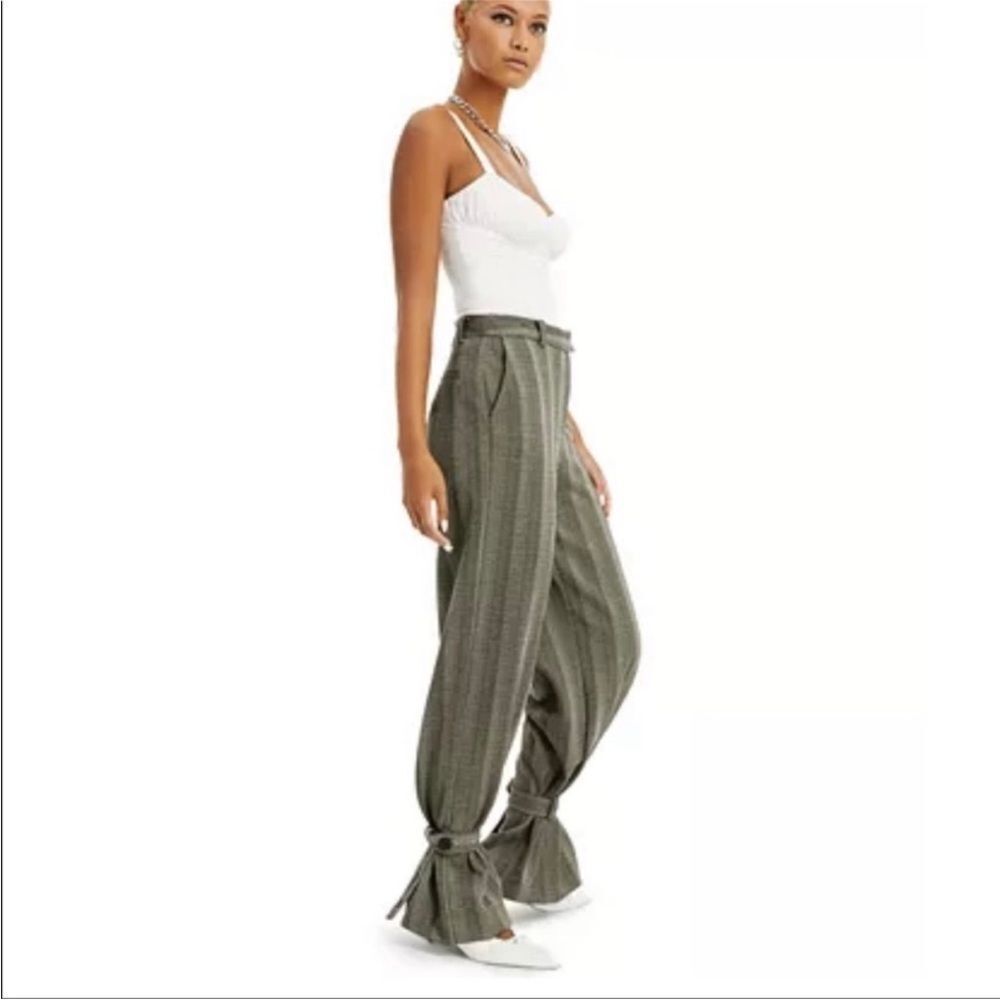 Danielle Bernstein Herringbone Striped Green Gray Wide Cinch Leg Trouser Pants